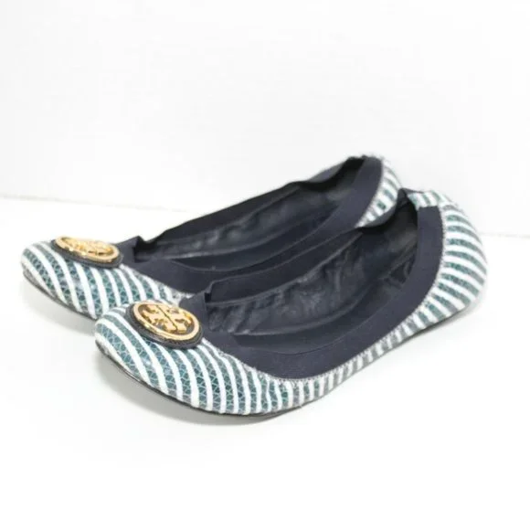 Tory Burch Caroline 2 Striped Ballet Flats Navy White Gold Shoes Size 7.5 H13069 - Picture 2 of 11